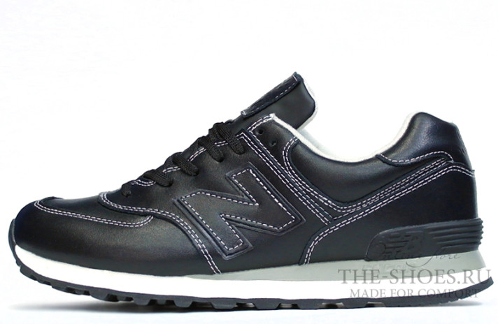 Кроссовки New Balance 574 Black White Leather  черные, кожаные